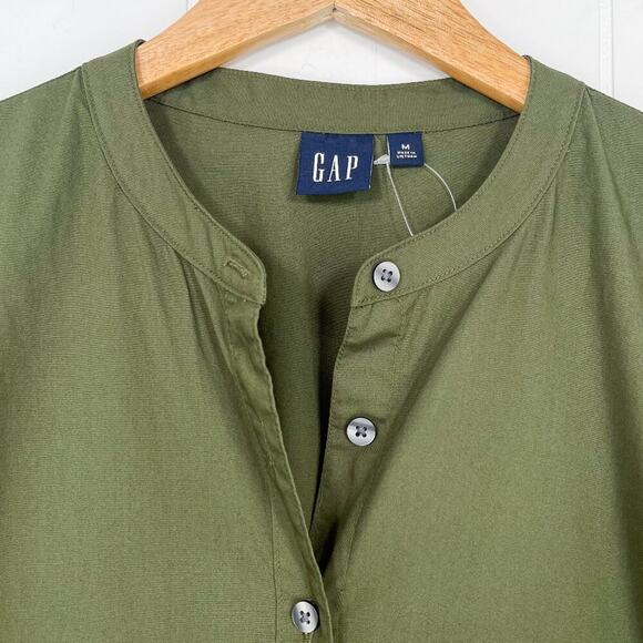 Gap Bubble Sleeve Cotton Poplin Dress Cinch Waist Button Front Size Medium Green - Picture 3 of 15